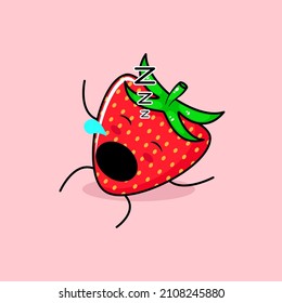 cute strawberry character with sleep expression, lie down, close eyes and mouth open. green and red. suitable for emoticon, logo, mascot and icon
