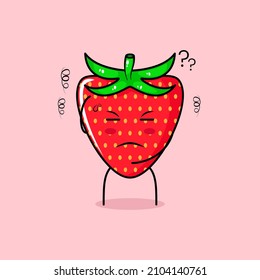 cute strawberry character with thinking expression, one hand on head and close eyes. green and red. suitable for emoticon, logo, mascot