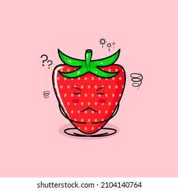cute strawberry character with thinking expression, close eyes and sit cross-legged. green and red. suitable for emoticon, logo, mascot