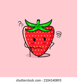 cute strawberry character with thinking expression and sit down. green and red. suitable for emoticon, logo, mascot
