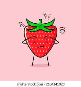cute strawberry character with thinking expression, close eyes and two hands on head. green and red. suitable for emoticon, logo, mascot