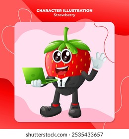 Cute strawberry character typing on a computer. Perfect for kids, merchandise and sticker, banner promotion
