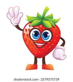 Cute strawberry character waving happily. Vector cartoon illustration