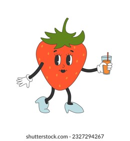 Cute strawberry character in y2k groovy style. Cartoon character holds glas of lemonade. Isolated vector illustration. 