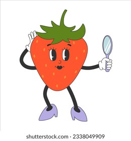 Cute strawberry character in y2k groovy style. Cartoon character holding mirror. Isolated vector illustration. 