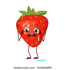 Cute strawberry characters with crying and tears emotions, face, arms and legs. The funny or sad hero, red fruit and berry. Vector flat illustration