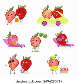 Cute strawberry characters with many expressions set, collection. Vector illustration of flat design, hand drawn.