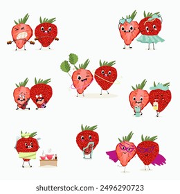 Cute strawberry characters with many expressions set, collection. Vector illustration of flat design, hand drawn.