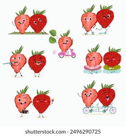 Cute strawberry characters with many expressions set, collection. Vector illustration of flat design, hand drawn.