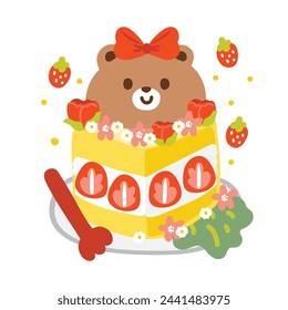 Cute strawberry cheese cake have teddy bear face and flower on cake.Sweet and dessert.Fruit.Wild animal character cartoon design.Baby graphic.Image for card,poster,sticker.Kawaii.Vector.Illustration.