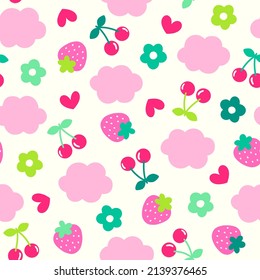 Cute strawberry, cherry, flower and cloud seamless pattern background.
