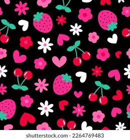 Cute strawberry, cherry, flower and heart seamless pattern background.