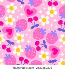 Cute strawberry, cherry, flower, heart and star seamless pattern design for spring season background.
