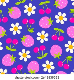 Cute strawberry, cherry and flower seamless pattern design for spring season background.