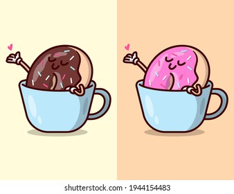 CUTE STRAWBERRY AND CHOCOLATE DONUT IN A MUG  CARTOON MASCOT