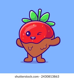 Cute Strawberry With Chocolate Sauce Cartoon Vector Icon Illustration. Food Drink Icon Concept Isolated Premium Vector. Flat Cartoon Style