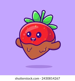 Cute Strawberry With Chocolate Sauce Cartoon Vector Icon Illustration. Food Drink Icon Concept Isolated Premium Vector. Flat Cartoon Style