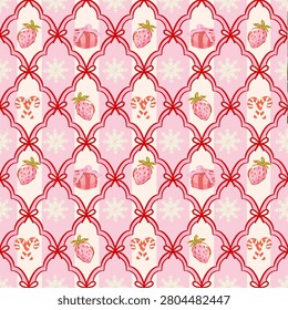 Cute Strawberry Christmas Seamless Pattern Featuring Checkered Gingham, Festive Bows, Candy Canes and Pink Holiday Decorations, Repeating Surface Pattern Design