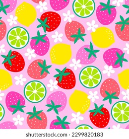 Cute strawberry, citrus fruit and flower seamless pattern background for summer holidays.