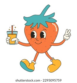 Cute strawberry with cocktail character sticker in y2k groovy style. Retro cartoon character in trendy retro style, comic mascot character.