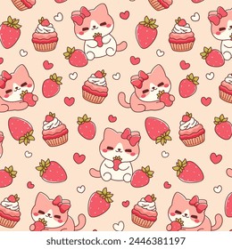 cute strawberry cupcake and cat kids seamless pattern
