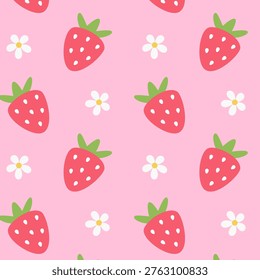 Cute strawberry and daisy seamless pattern on pink background