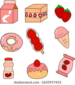 Cute Strawberry Dessert Food Vector Set – Hand-Drawn Cartoon Style Icons of Donut, Ice Cream, Milk, Cake, Yogurt, Candy, and Fruit for Menu, Sticker, or Kids Design Projects