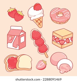 Cute strawberry dessert kawaii food pink elements ice cream, cake, milk, donut