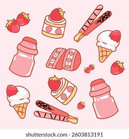Cute Strawberry Desserts and Snacks Against Light Pink Background