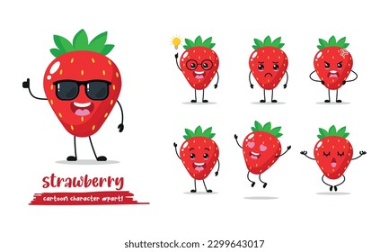 cute strawberry different activity expression emotion. fruit with many activity vector illustration flat design.