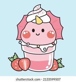 Cute strawberry with dinosaur head whipping cream.Animal character design.Kawaii food cartoon style.Fruit.Jurassic.Beverage.Vector.Illustration.