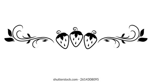Cute strawberry divider border line art with swirls and leaf pattern