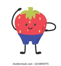 Cute strawberry is doing exercises. Sports, hobbies, exercises. Strawberry character. Vector strawberry in kawaii style. Sports healthy strawberries. The concept of doing sports.