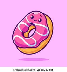 Icono de Vector de dibujos animados flotante de donut de fresa linda 
Ilustración. Concepto de icono de objeto de comida Premium aislado 
Vector. Estilo plano de la historieta 