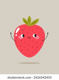 Cute Strawberry with Face and Hands. Funny Fruit, Berry Cartoon Character. Vector Illustration