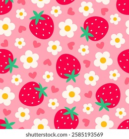 Cute strawberry, flower and heart seamless pattern design for Valentine's day background.
