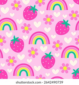 Cute strawberry, flower, rainbow and heart seamless pattern design for spring season background.