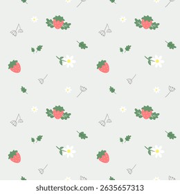 Cute Strawberry and Flower Seamless Pattern on Pastel Background