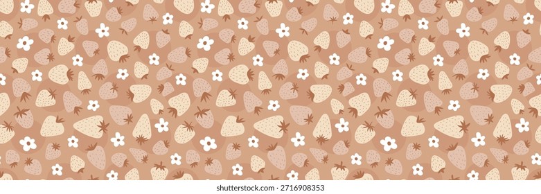 Cute strawberry and flower seamless pattern. Vintage background with floral fruit design, retro boho doodles, and playful berry illustrations in beige tones. Vector illustration