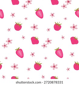 Morango bonito e flor sem costura padrão. Design de verão fresco para tecidos infantis, têxteis de cozinha e decoração floral