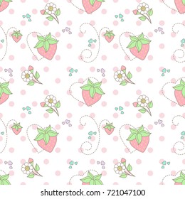 Cute Strawberry and flower seamless pattern with heart shape on polka dot background.