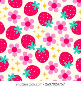 Cute strawberry, flower and star seamless pattern design for spring season background.