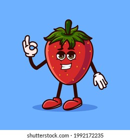 Cute Strawberry fruit character with cool emoji and show gesture OK. Fruit character icon concept isolated. Emoji Sticker. flat cartoon style Vector