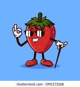 Cute Strawberry fruit character with eye glass and OK hand gesture. Fruit character icon concept isolated. flat cartoon style Premium Vector