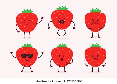 Cute Strawberry Fruit Character in Happy, Smile, Sad, Cool, Excited and Angry Expression