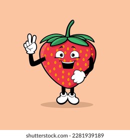 Cute strawberry fruit character with peace hand expression vector