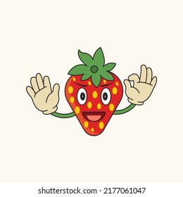 cute strawberry fruit character cute vector logo icon, good for health, children's food intake, nutrition, children's book pictures.