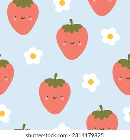 Cute strawberry fruit kawaii face seamless pattern, abstract repeated cartoon background, vector illustration