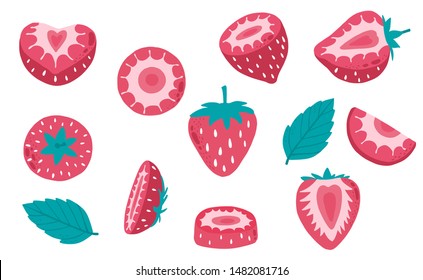 Cute strawberry fruit object collection.Whole, cut in half, sliced on pieces strawberry. Vector illustration for icon,sticker,printable