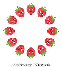 Cute strawberry fruit round frame border with kawaii faces vector illustration